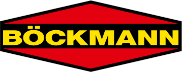 BÖCKMANN-Logo mit fettgedrucktem gelben Text auf rotem, sechseckigem Hintergrund mit schwarzer Umrandung.