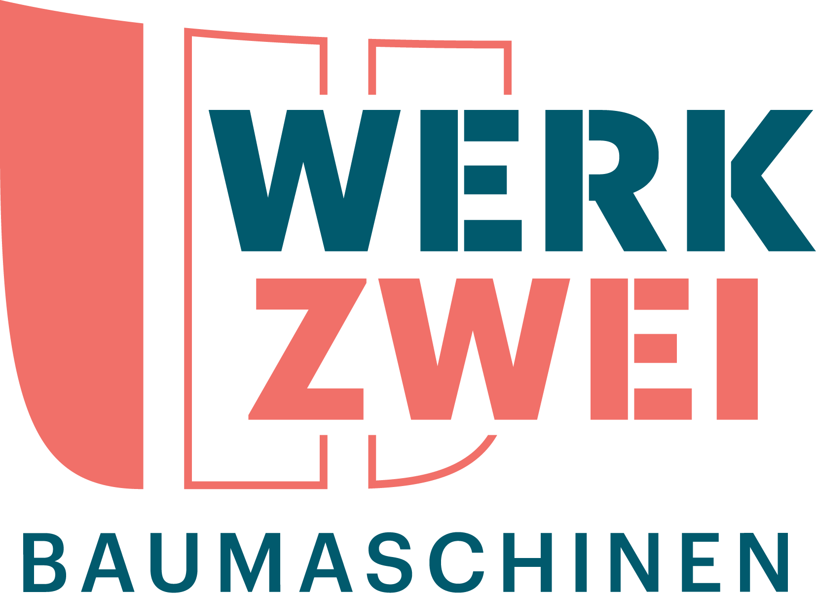 Logo mit dem Wort WERK in Blau, ZWEI in Korallenrosa und BAUMASCHINEN in Blau darunter. Links vom Text erscheint eine große abstrakte korallenrosa Form.