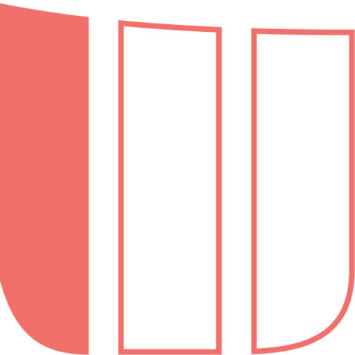 Ein minimalistisches Design mit drei rot umrandeten, vertikalen Formen auf einem weißen Hintergrund. Die Form ganz links ist ein massiver, gebogener Block, die beiden anderen sind rechteckige Umrisse.